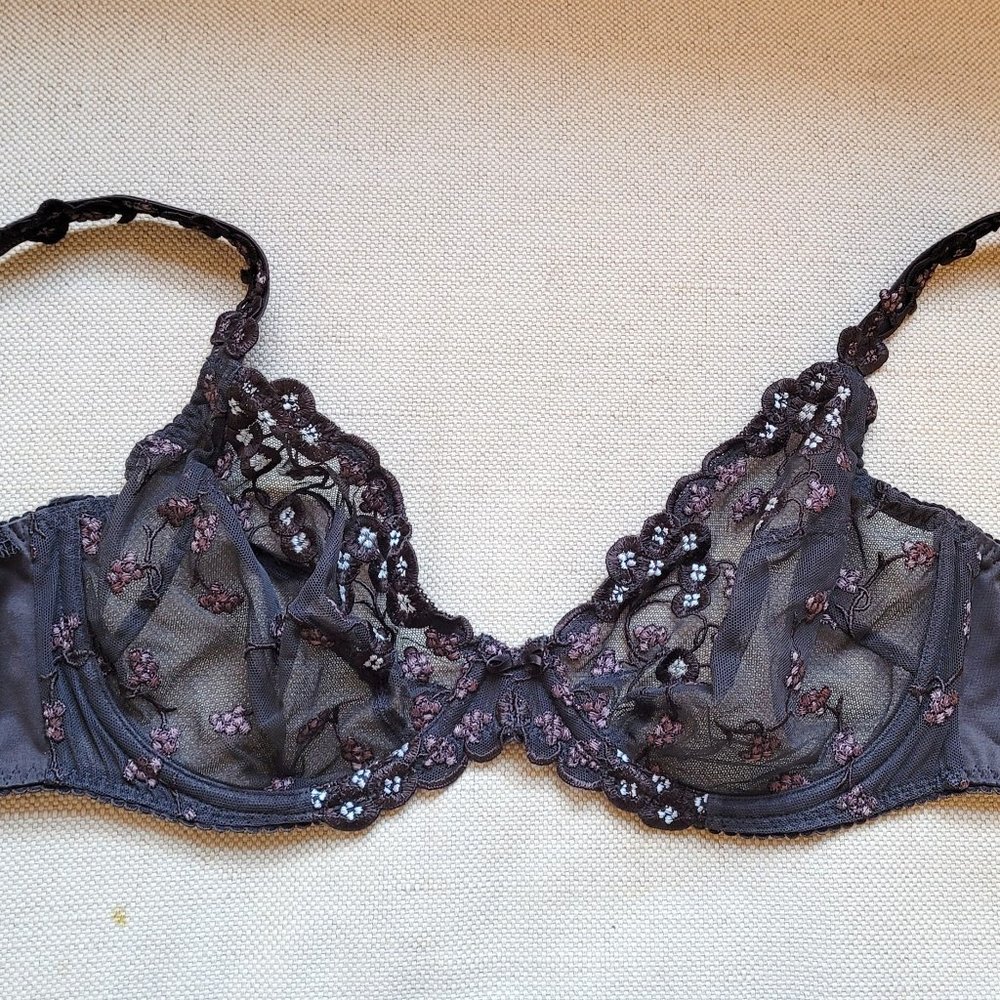 34E Vintage sheer black floral full-cup sexy bra